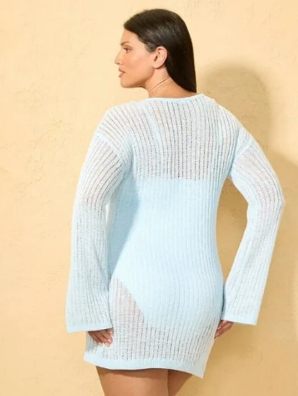 NWT Shade & Shore Blue Crochet Long Sleeve Mini Swim Cover Up Dress Size S - Picture 2 of 6